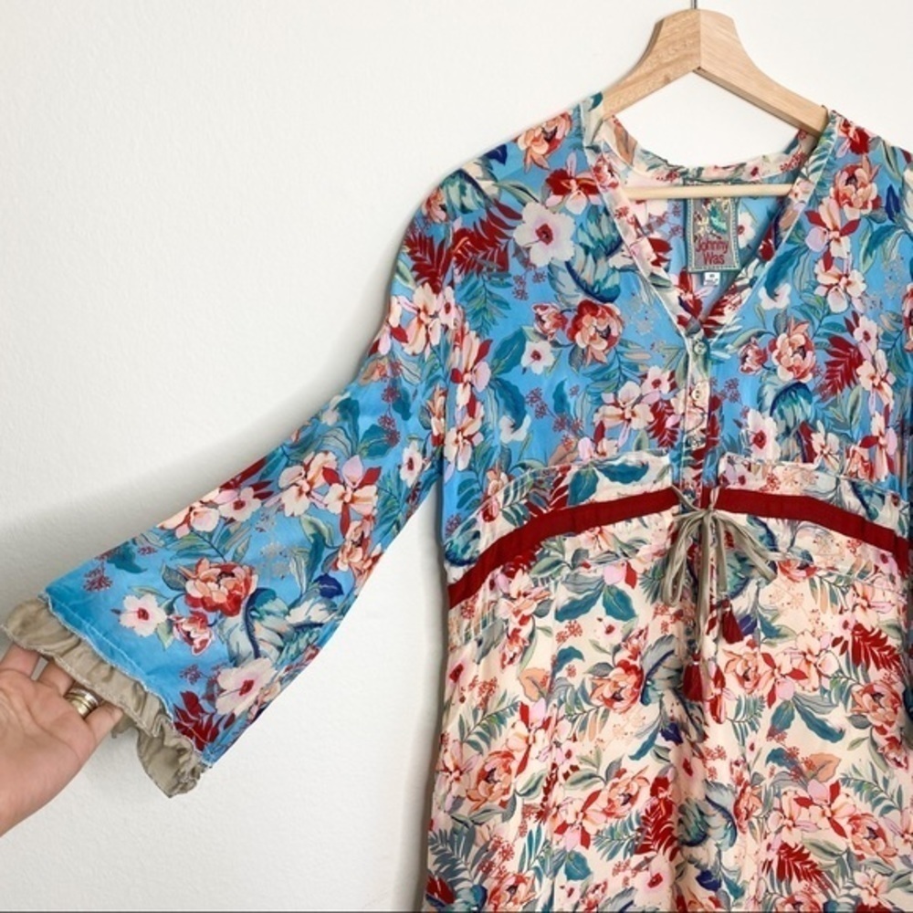 Johnny Was long sleeves floral adjustable waist tie button front closure dress - Picture 8 of 15